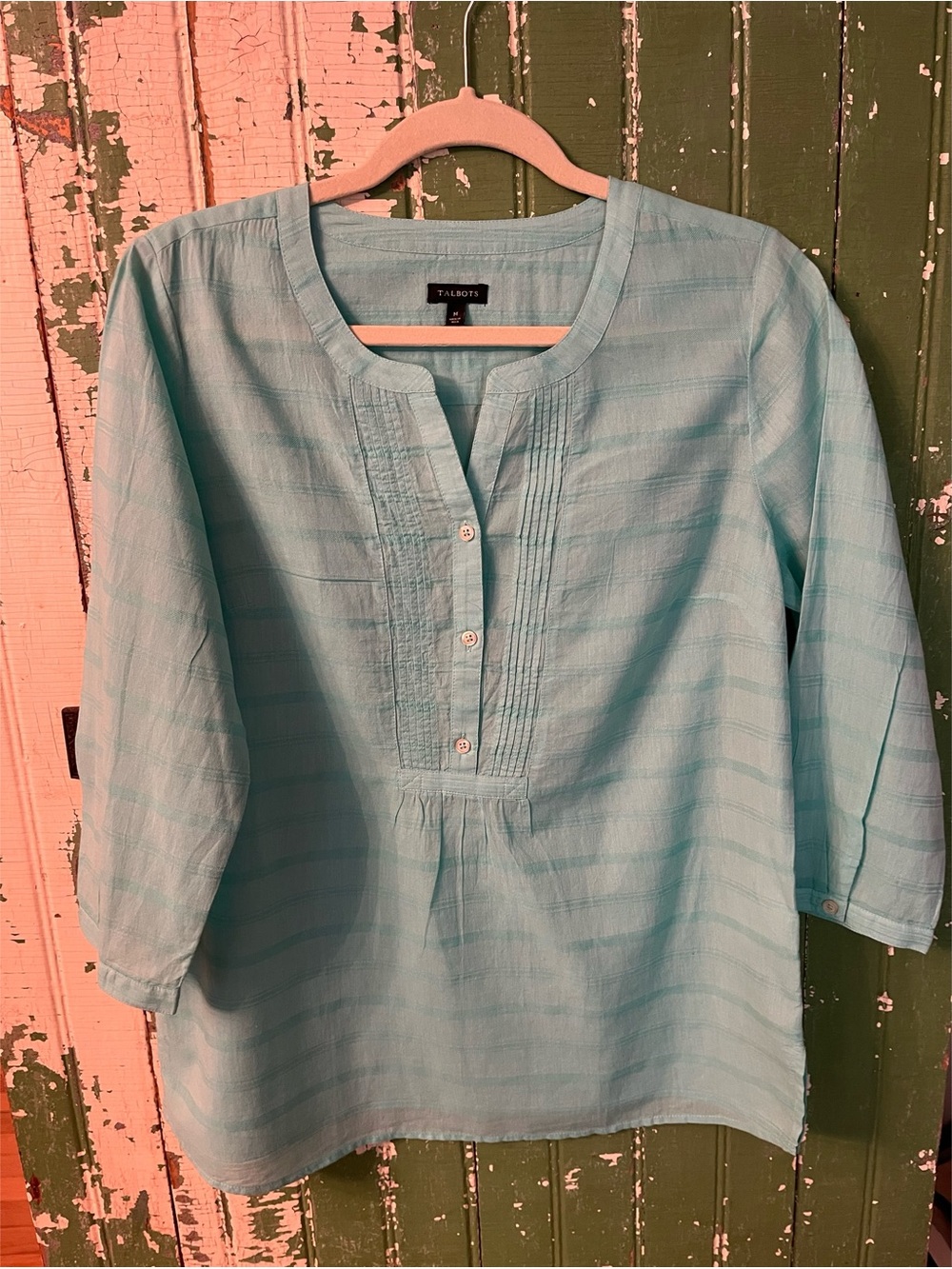 Talbots Top Aqua 100% Cotton Blouse Pintuck  Size Medium